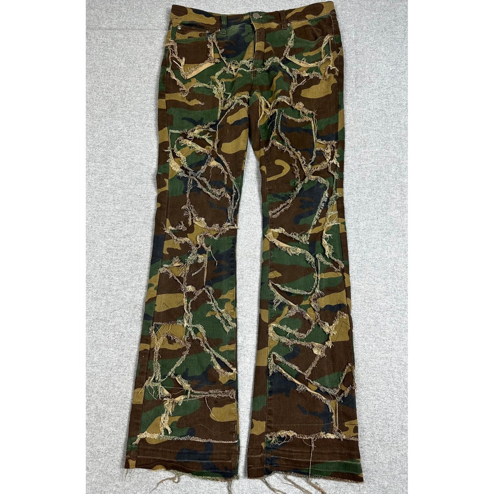 Stacked Flare Jeans Mens 32x34 Camo Green Distressed Patchwork